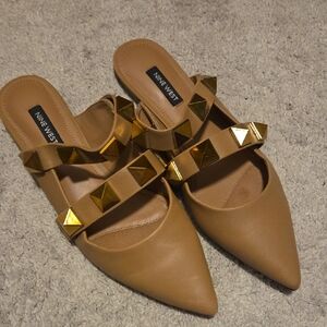 Nine West Tan Mules with Gold Studs